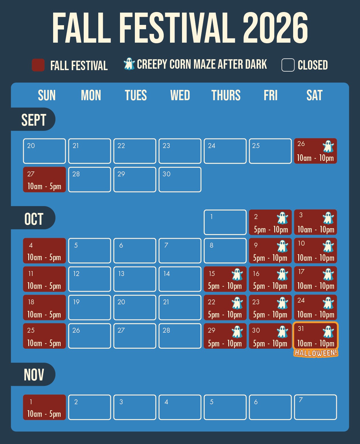 Fall Festival 2026 calendar showing open days and hours for September, October and November