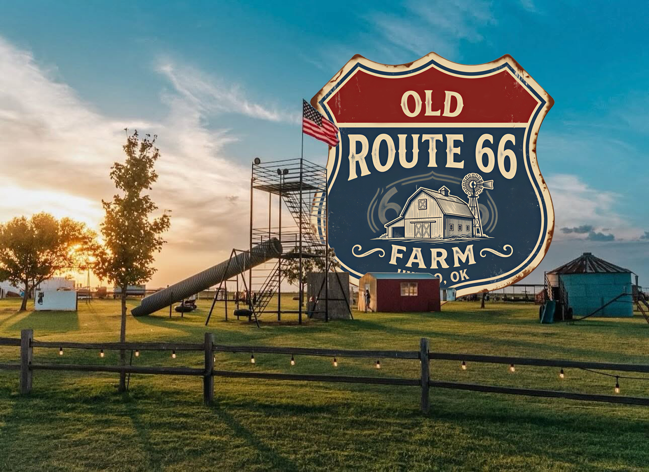 Old Route 66 Farm shield logo over the farm at sunset