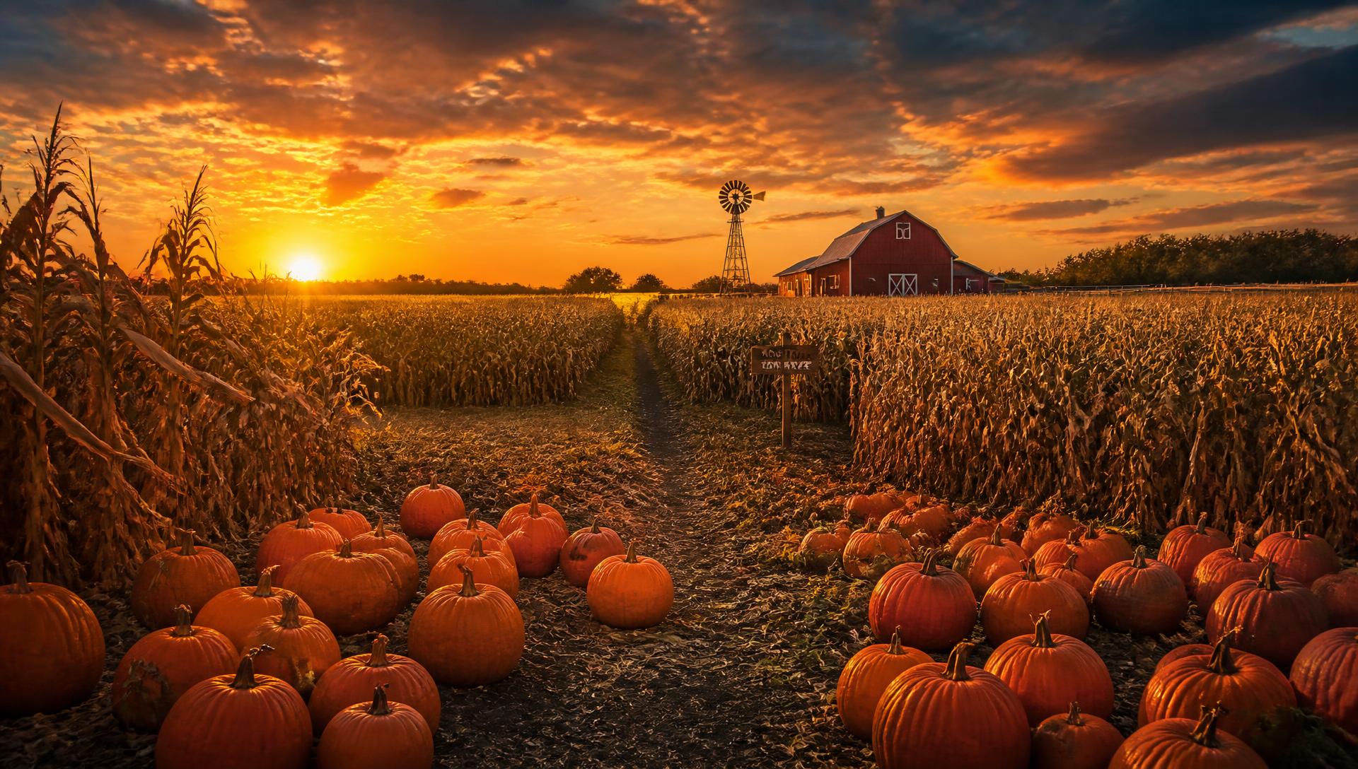 Corn maze and pumpkin patch at sunset with a red barn and windmill